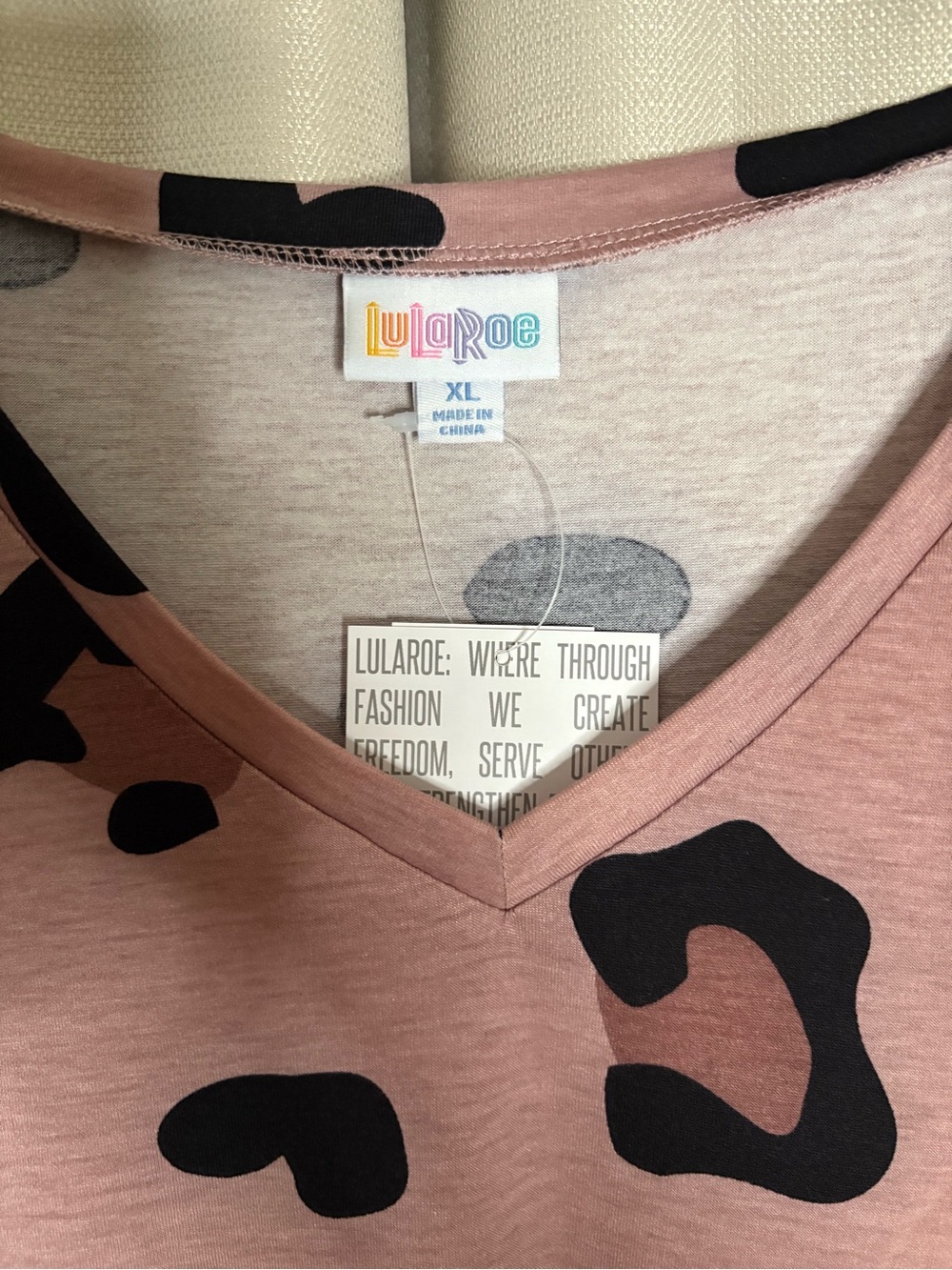 LuLaRoe Women's V-Neck Top in Dusty Rose with Black Spot Print